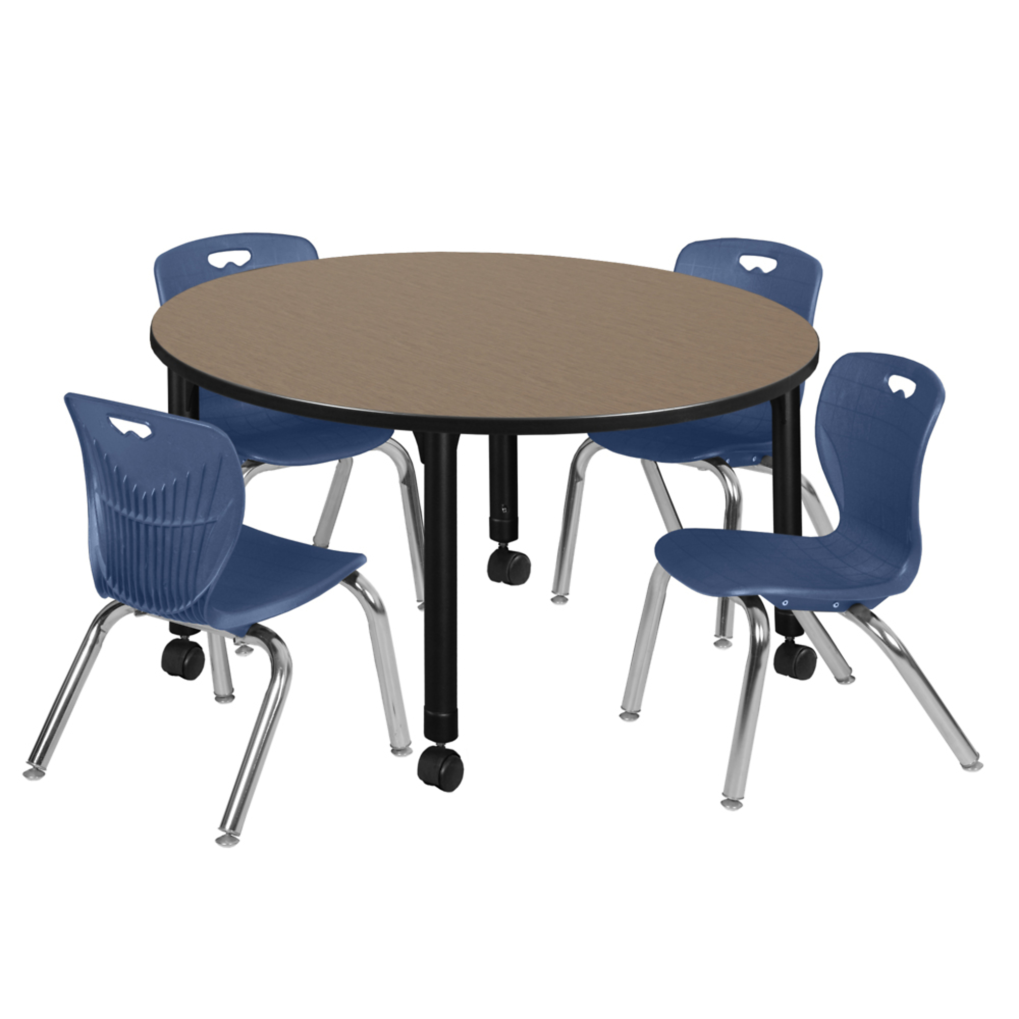 Regency Kee 48in. Round Mobile Adjustable Classroom Table with Noble Oak Top, Black Base & 4 Andy 12in. Blue Stack Chairs, Model# TB48RNDNOAPCBK45NV